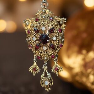 Vintage Florenza Garnet Opal Czech Glass Brooch Necklace Convertible